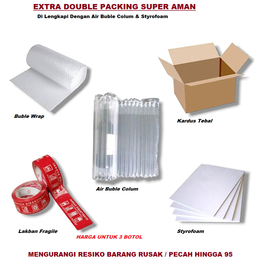 

[ Extra Packaging Untuk 3 Botol ] Extra Packaging Double Packing Super Aman Dilengkapi Air Buble Column & Styrofoam , Mengurangi Resiko Barang Russak / Pecah Hingga 95 %