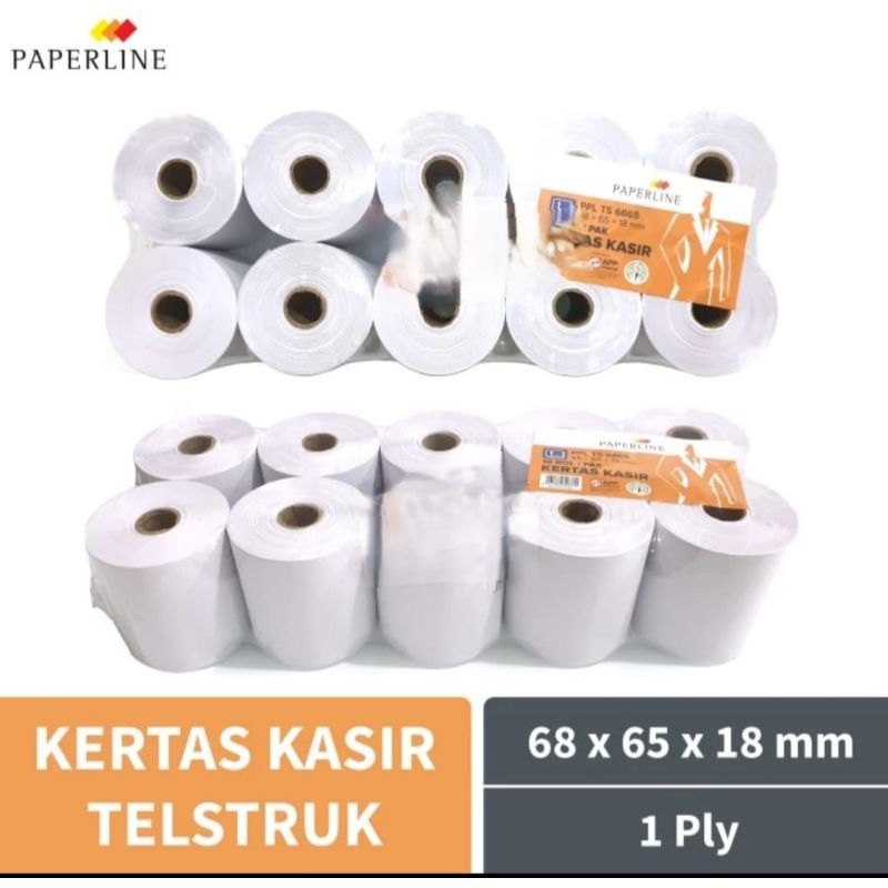 

Paperline Kertas Kasir / Telstruk / Paper Roll TS 68 x 65 x 18mm / 1 ply - Pack isi 10 roll.