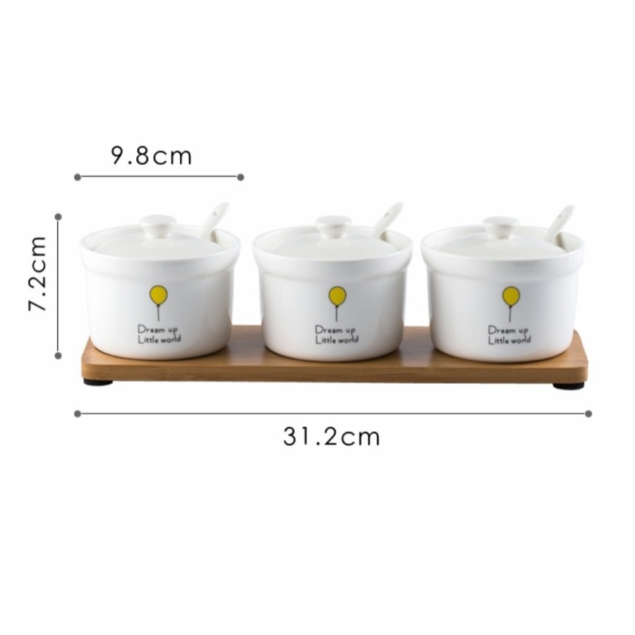 Tempat Bumbu Porselen 3 Botol dan 1 Tatakan Alas Kayu Bambu Motif Happiness Dream Up Balloon Kotak B