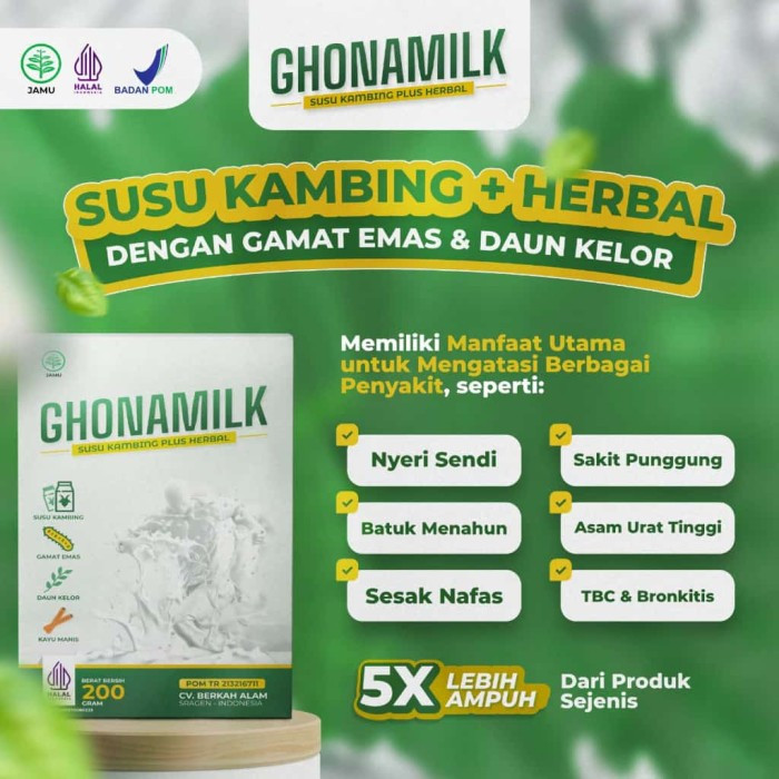 

GHONAMILK 200 GRAM GHONAMILK SUSU KAMBING ETAWA GAMAT KELOR NYERI SENDI KOLESTEROL ORIGINAL