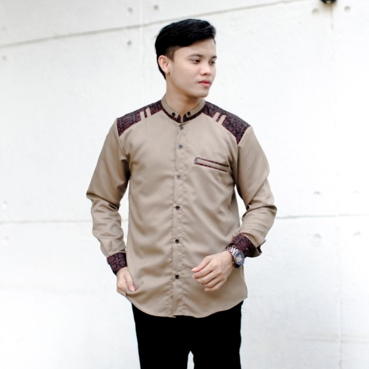 Baju Koko Pria Lengan Panjang Original Elrumi Kombinasi Batik Bahan Adem Lembut