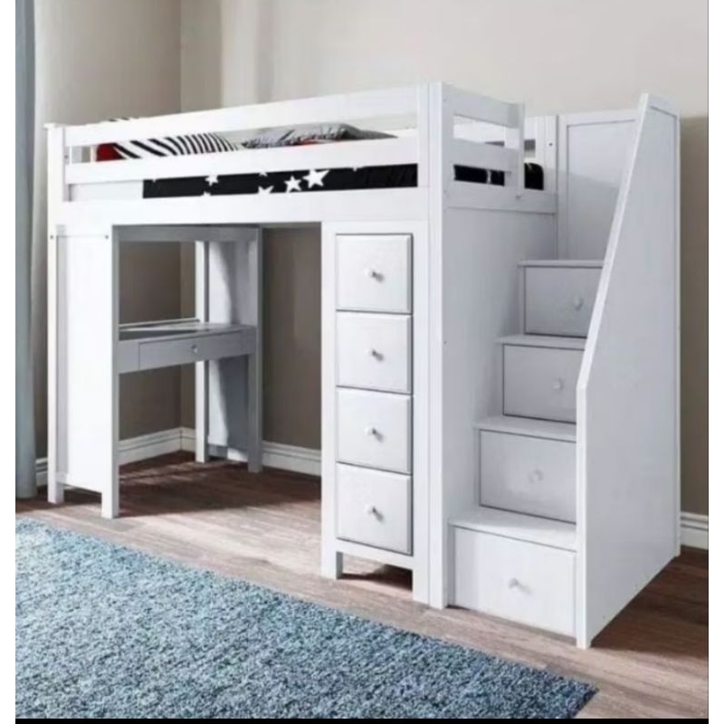 ranjang tingkat anak tangga laci bawah meja belajar dan lemari laci 200x90x200