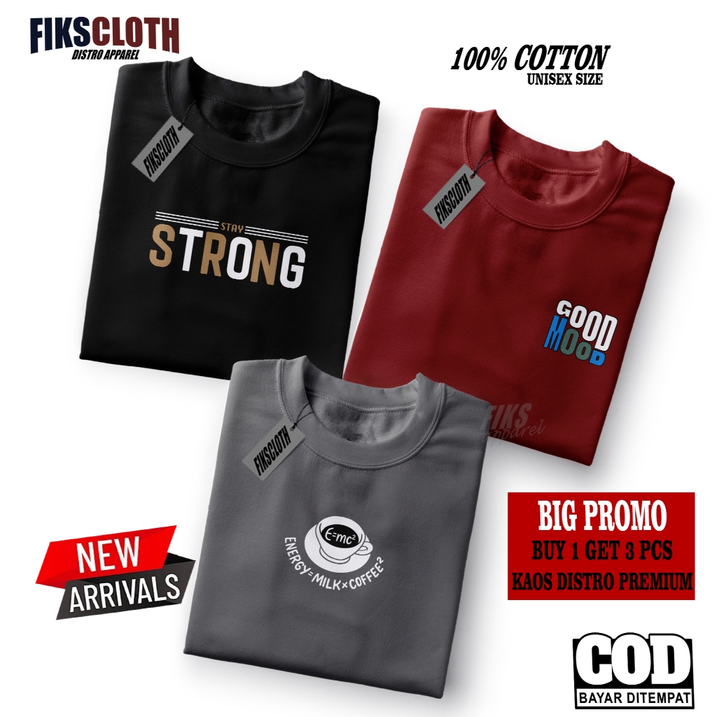 PROMO .. Baju Kaos Distro Buy 1 Get 3 Pcs T-shirt Motif Keren Terbaru Bahan Katun Tebal Kaos Lengan 