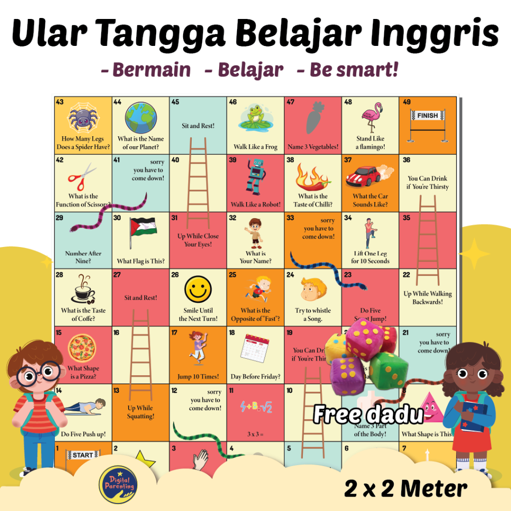 Ular Tangga Jumbo Belajar Inggris 2x2 Meter Free 2 Dadu | Mainan Edukasi Anak Ular Tangga Besar - Be