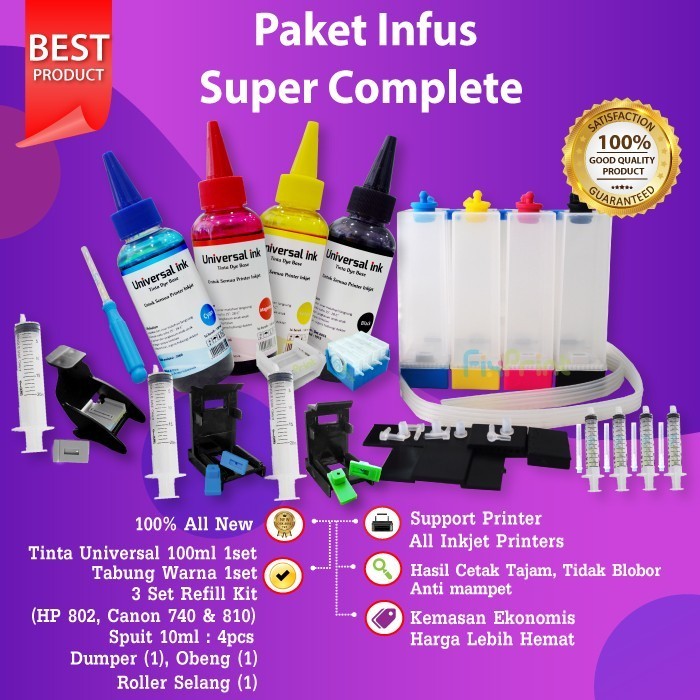 FixPrint Infus Tinta Printer Ink 100ml Paket Lengkap Kit 680 811 741 Spuit  Tabung Bundling