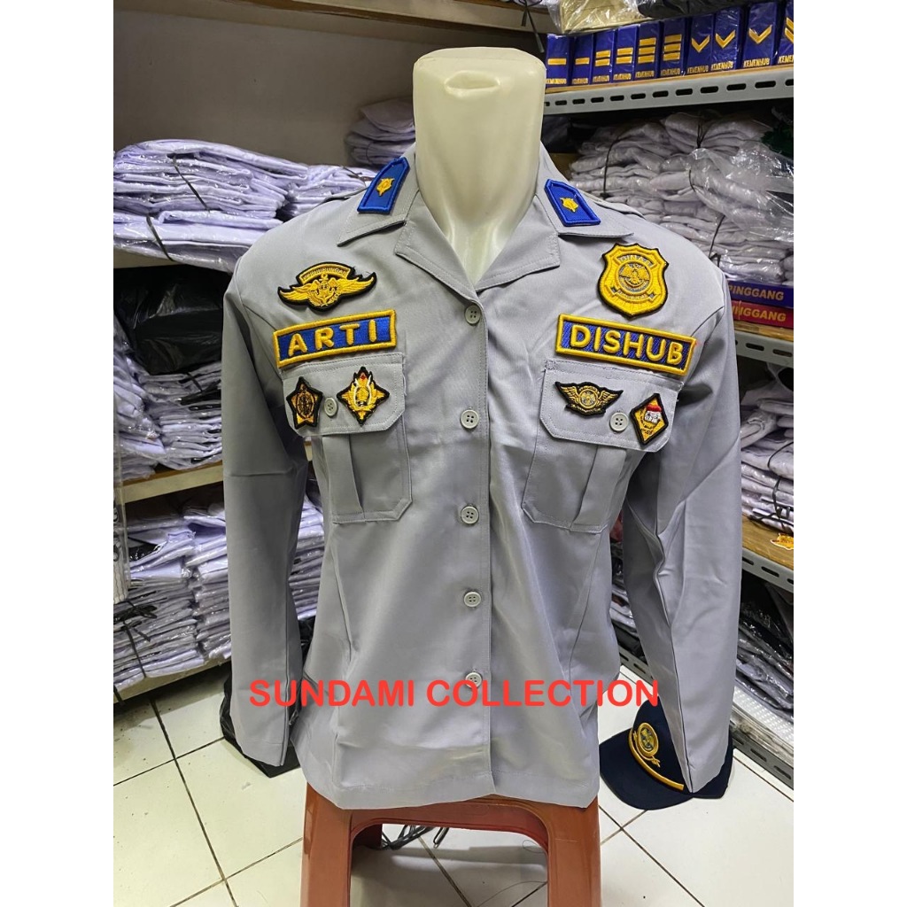 SERAGAM DISHUB LENGAN PANJANG UNTUK WANITA KERAH TIDUR BORDIR TIMBUL LENGKAP DENGAN PANGKAT DI KERAH