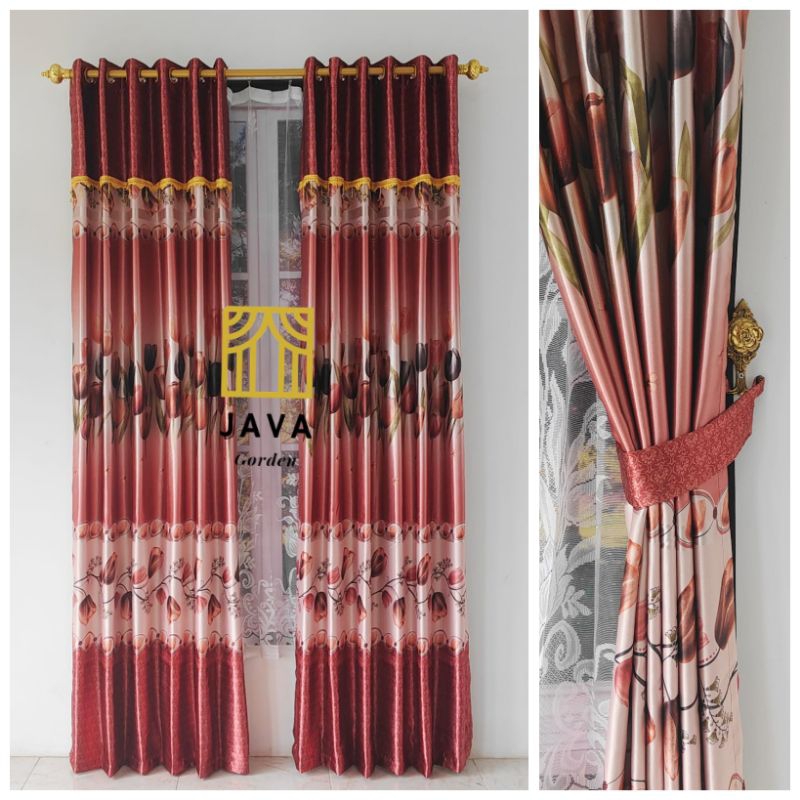 Gorden pintu jendela ruang tamu minimalis panjang 230 cm blackout glossy embos