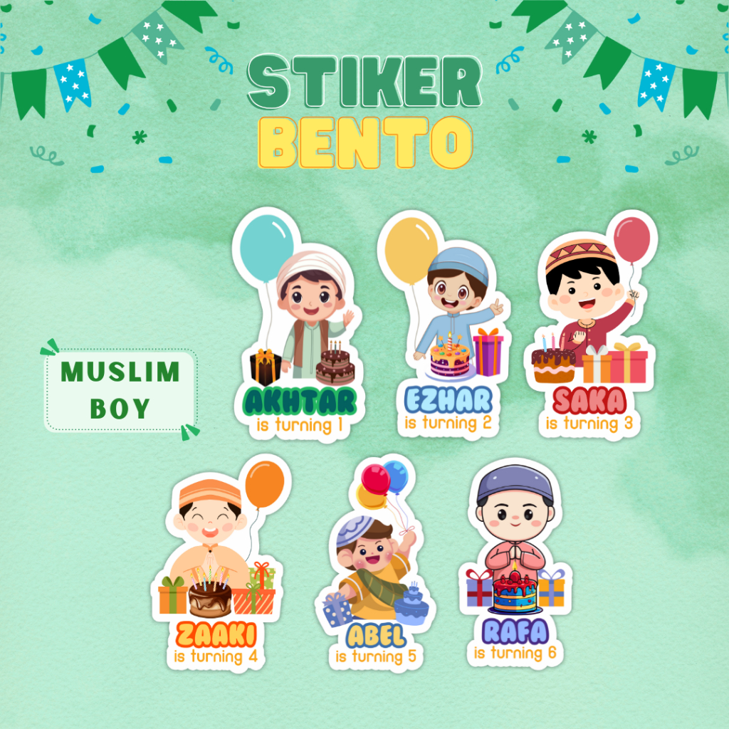 

(Muslim Boy) Cetak Sticker Bento Custom Sticker Bento Birthday Anak I Label Sticker Bento Birthday Custom Tema