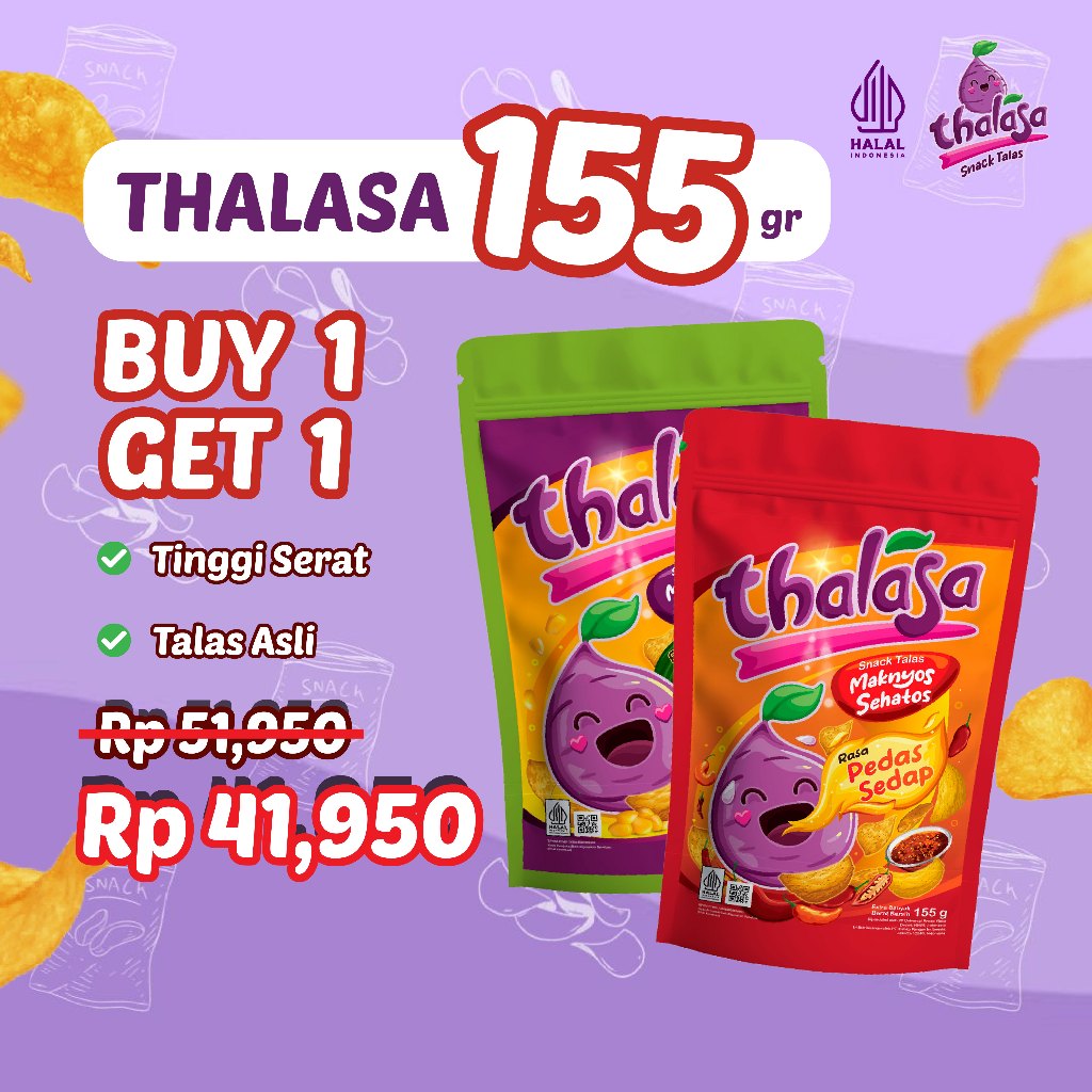 

BUY 1 GET 1 Thalasa Snack 155gr Keripik Talas Rasa Pedas Sedap/ Jagung Bakar