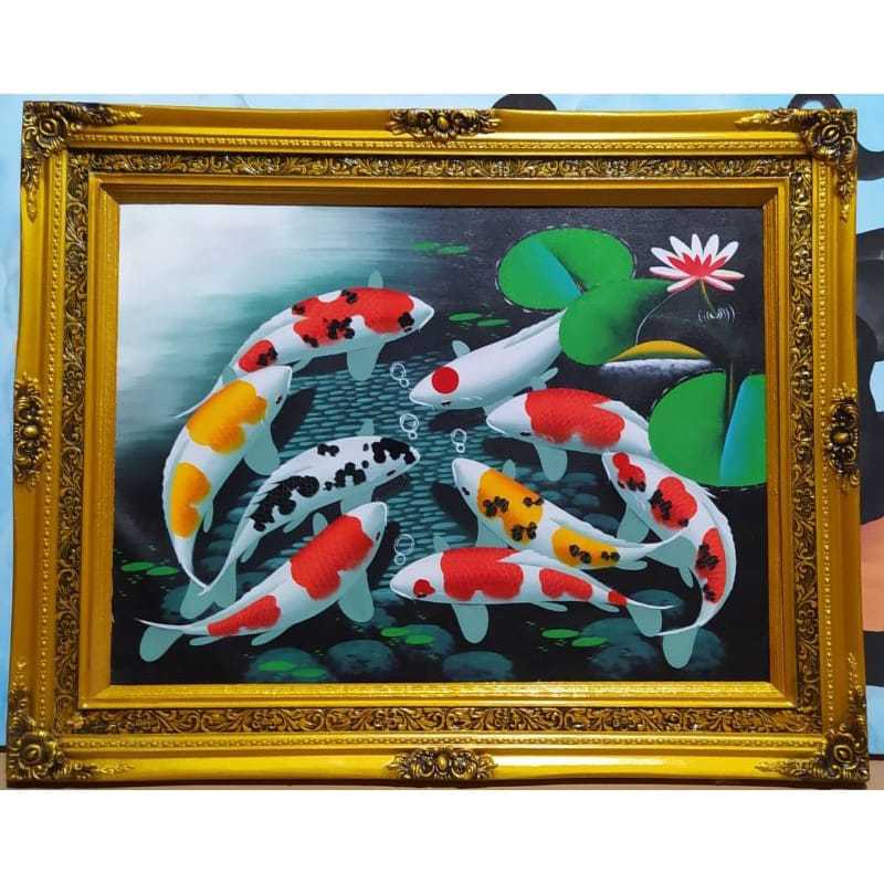 Lukisan ikan koi 9 ekor fengshui ukuran 60cm x 80cm hanya lukisan nya saja