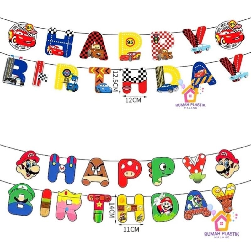 BANNER HAPPY BIRTHDAY CARS MARIO BROSS flag tulisan gantung kertas paper mobil kendaraan transportas