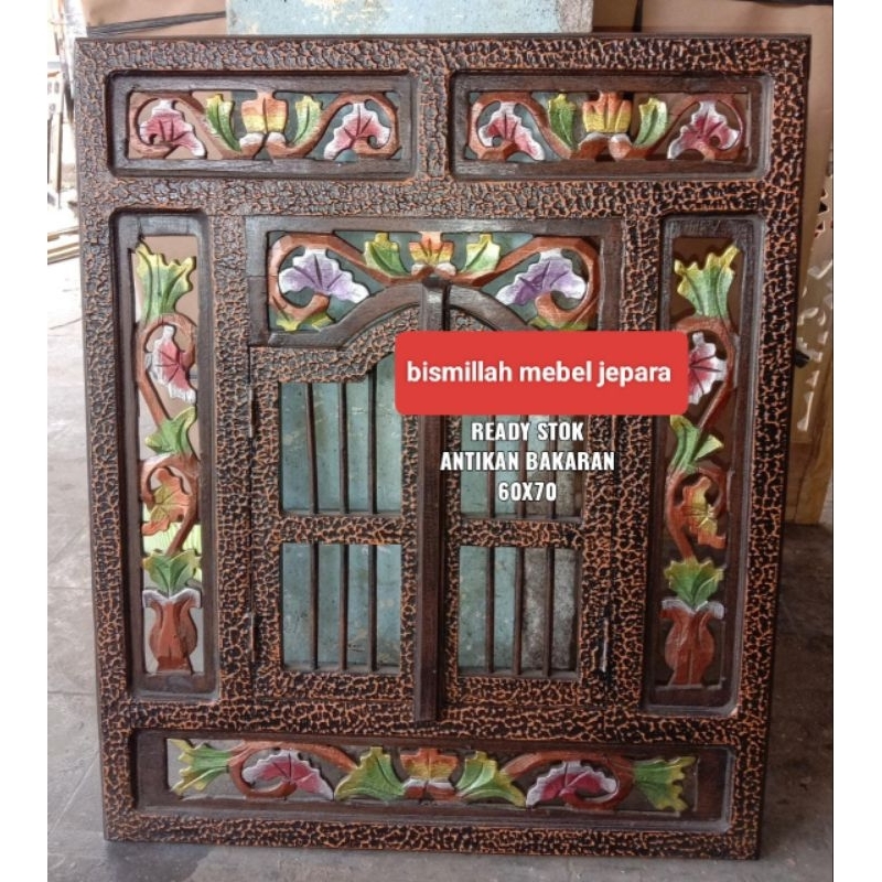 READY STOK pigura cermin krepyak jendela ukir kayu jati 60x70 Antikan Bakaran