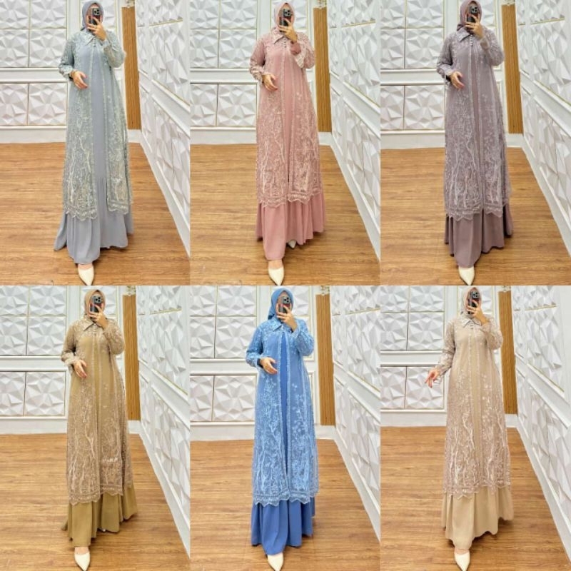 Zhafiraoutfit- Set Gamis Outer Brokat Premim Outer Brokat Panjang Lepas Bridesmaid Set  Setelan Gami
