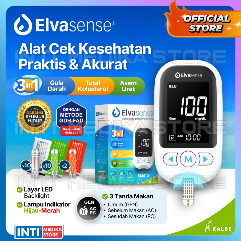 ELVASENSE by KALBE - Alat Cek 3in1 GCU Gula Darah + Kolesterol + Asam Urat | Blood Glucose Cholester