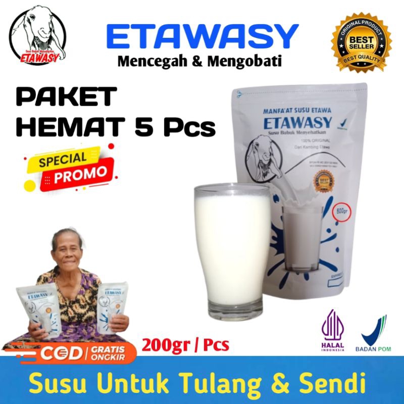 

Reseller 5 pcs | Etawasy susu Bubuk kambing Etawa atasi nyeri sendi sakit lutut dan asam urat 200gr/pcs