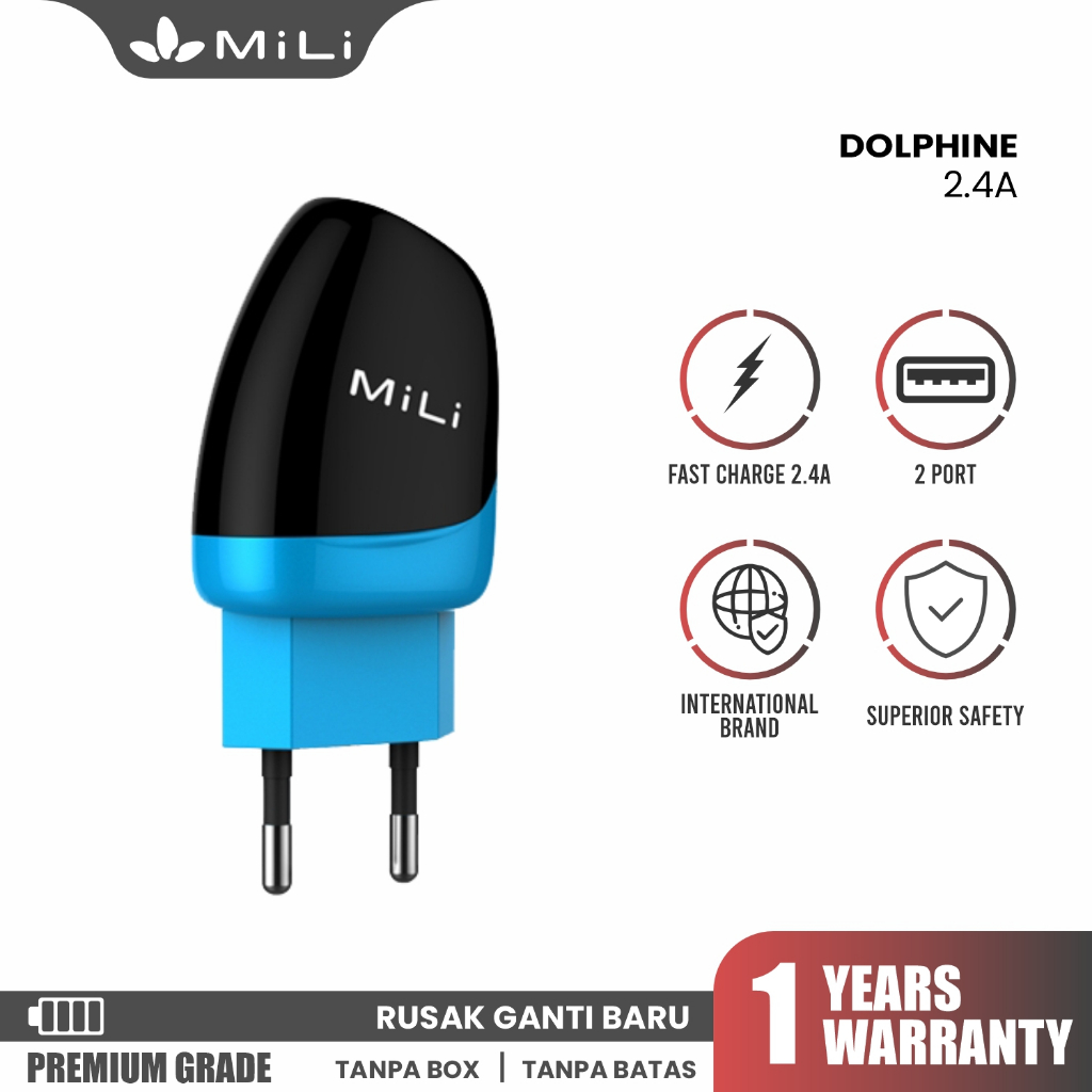 Mili Adaptor Charger Dolphin 2.4A Dual USB Fast Charger
