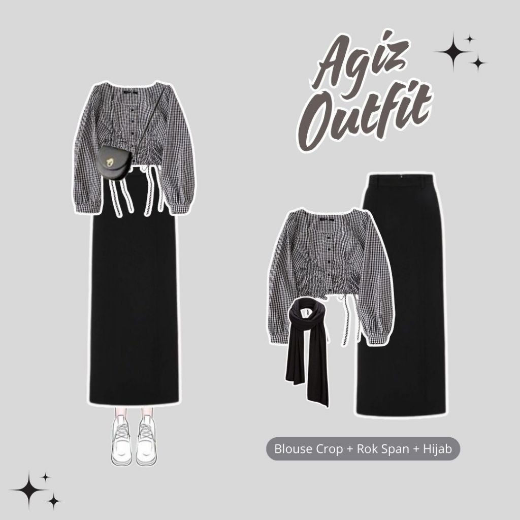 Setelen Agiz Outfit | One Set Agiz ( Blouse Crop + Rok Span + Hijab ) | OOTD Korean Style