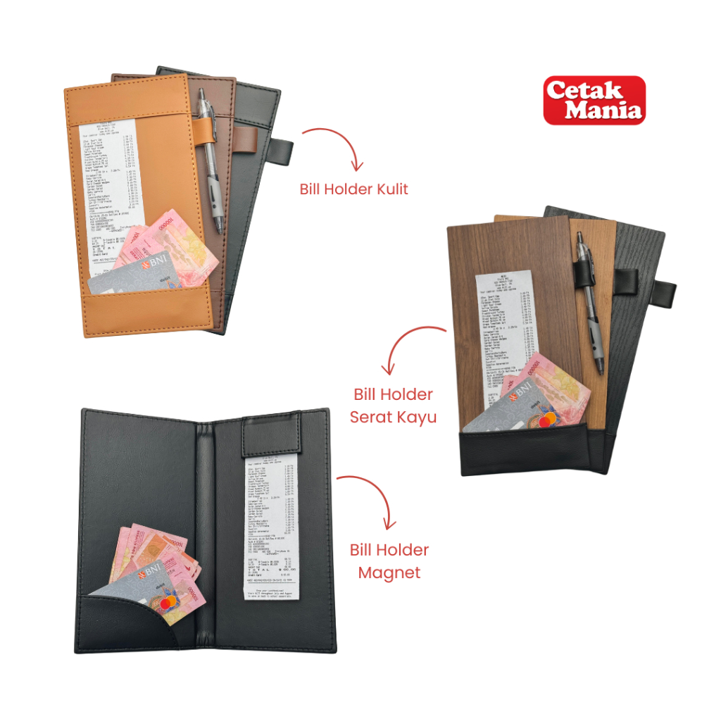 

Cetak Mania - Variasi Bill Holder Kulit dan Kayu Vinyl (Kantong + Pen Holder + Magnet) Coklat Muda, Coklat Tua, Hitam - Cafe, Coffee Shop, Restoran, Hotel