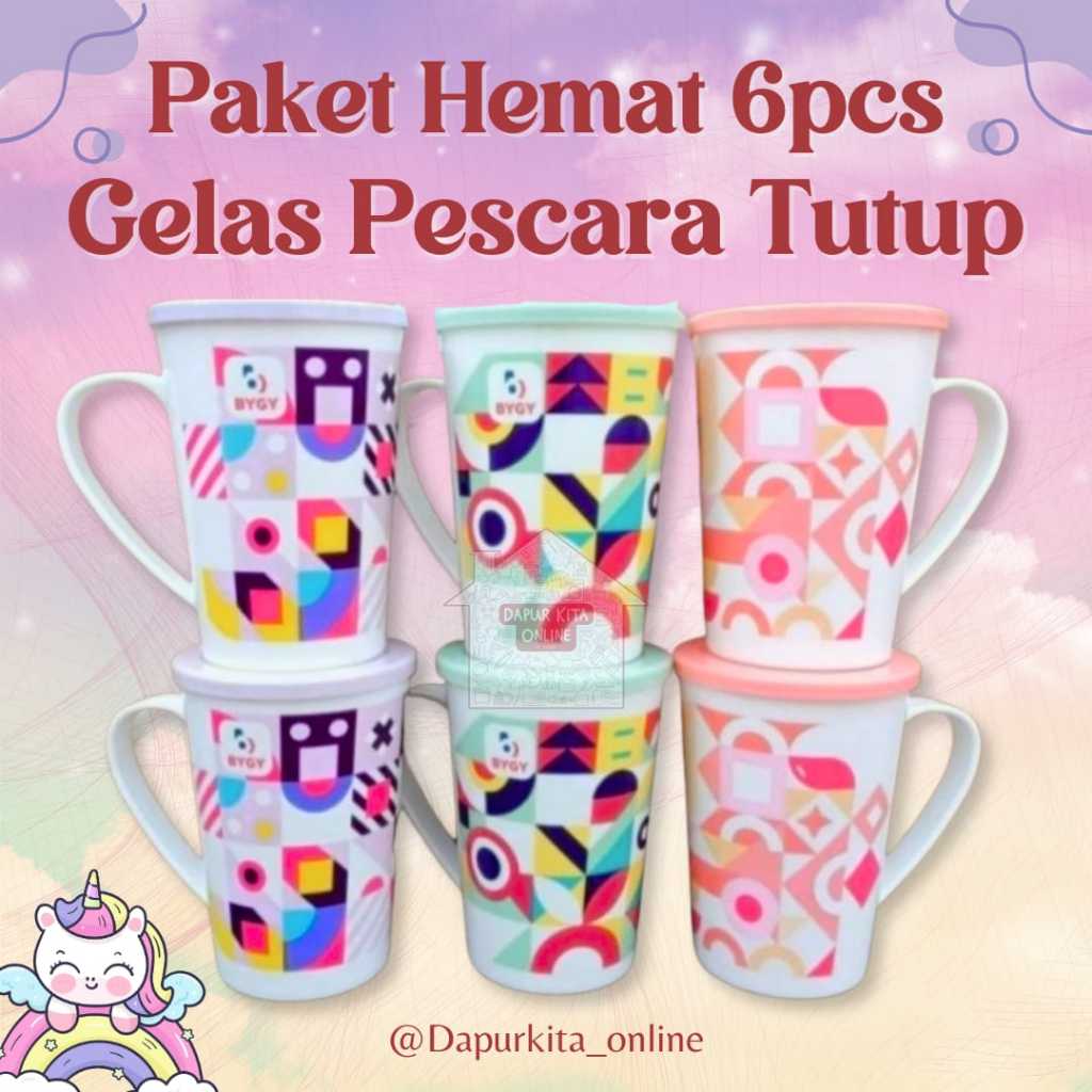 Paket 6pcs Mug Tutup Souvenir Ulang Tahun /Gelas Cangkir Aesthetic /Gelas Tutup Pescara 500ml / Cang