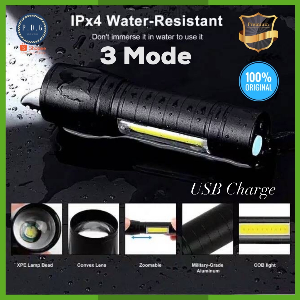 SENTER LED Mini Super Terang Swat Zoom USB COB TaffLED ALBINALY ORI 3 MODE ORIGINAL ORI Termasuk Bat