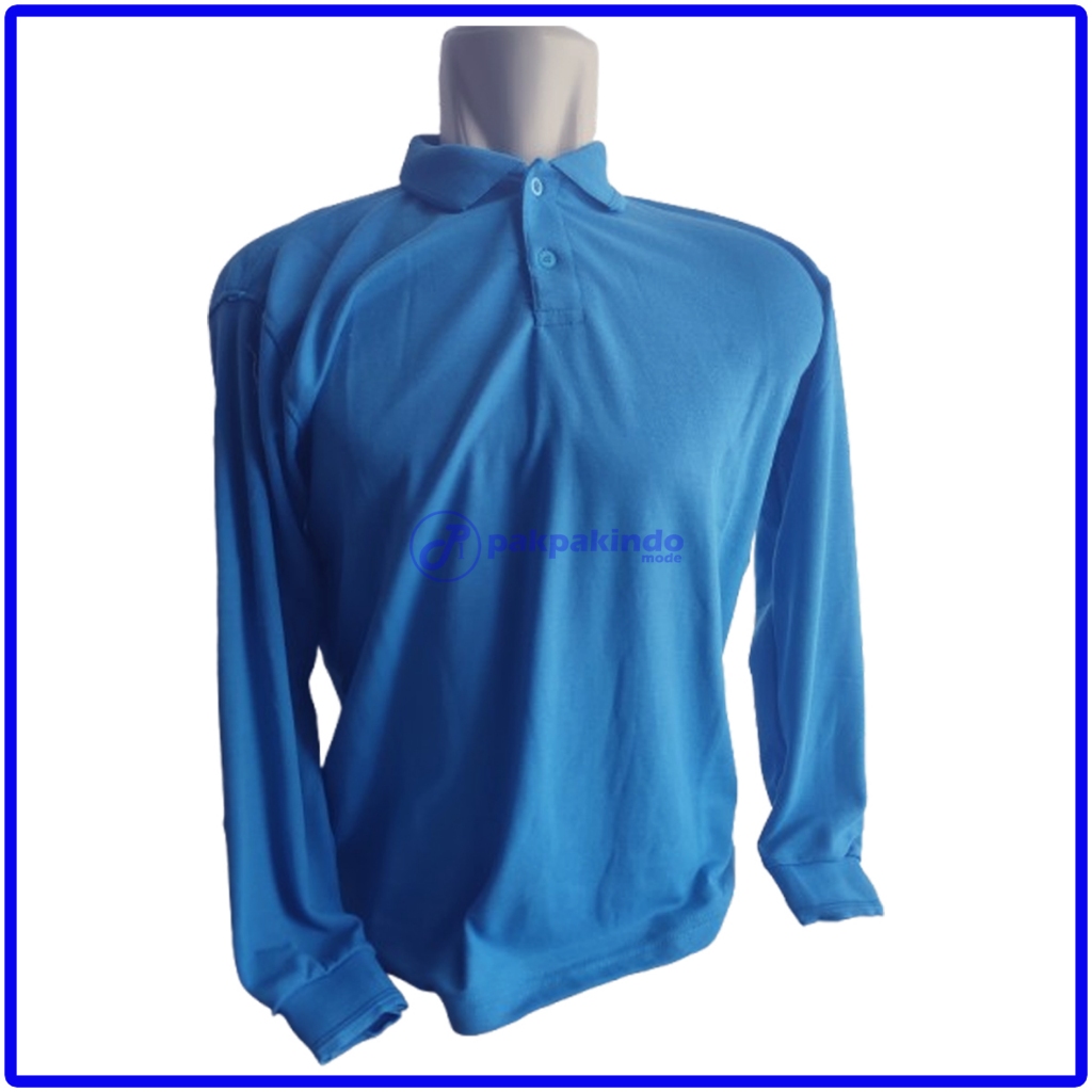 BAJU KAOS KERAH POLO POLOS BIRU TURKIS TUA LENGAN PANJANG PRIA WANITA