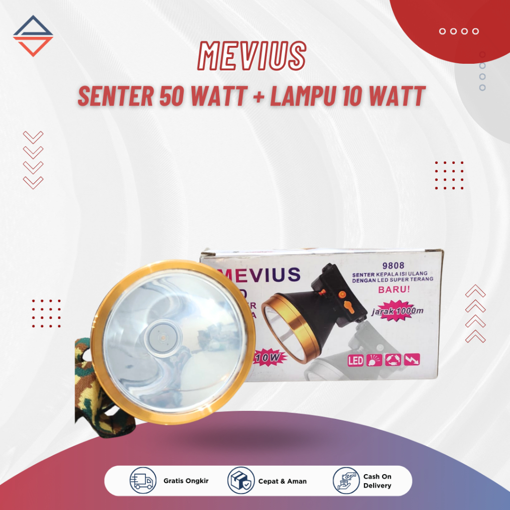 Senter Kepala LED Super Terang Mevius 9808 50 Watt + Lampu 10 Watt Terang Maksimal