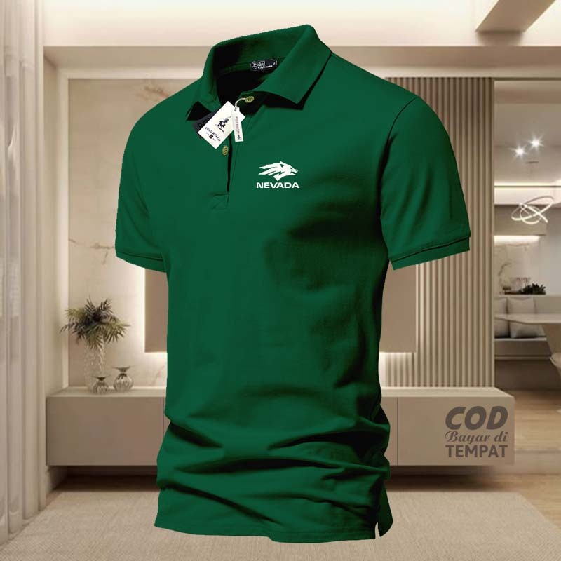 COD T-shrit POLO kerah Nevada Text Bawah Logo Kiri Putih Kaos Kerah Dewasa Shirt / Kaos Wangki Pria 