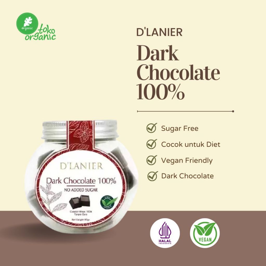 D'lanier Dark Chocolate 100% Sugar Free (80gr) Dark Chocolate No Sugar, Coklat Pahit Tanpa Gula, Cho