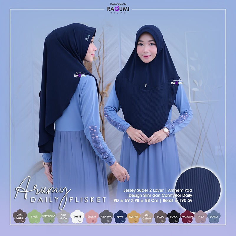 Jilbab Instan Arumy Daily Plisket Original RAQUMI Hijab Jersey Super 2 Layer Anthem Pad Premium Keru
