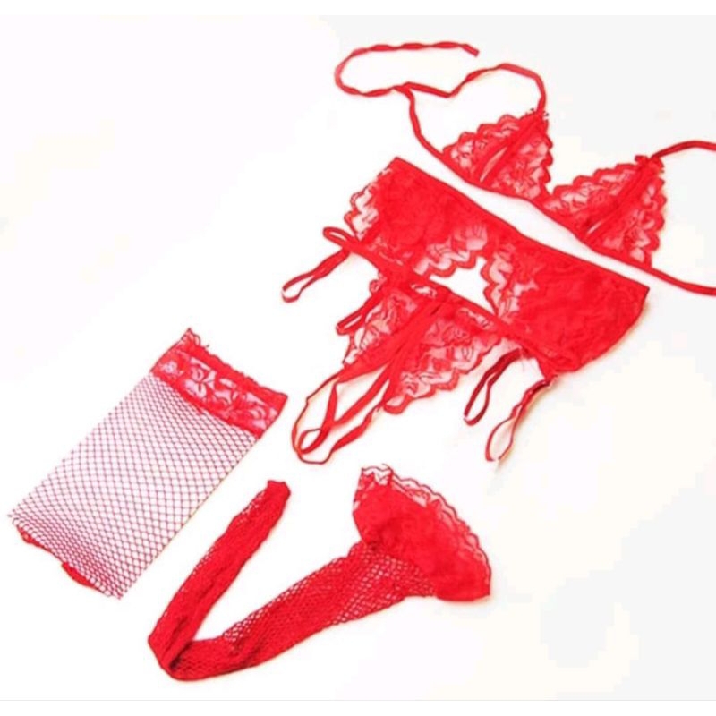 Set Bra gstring transparan garterbel stocking sexy