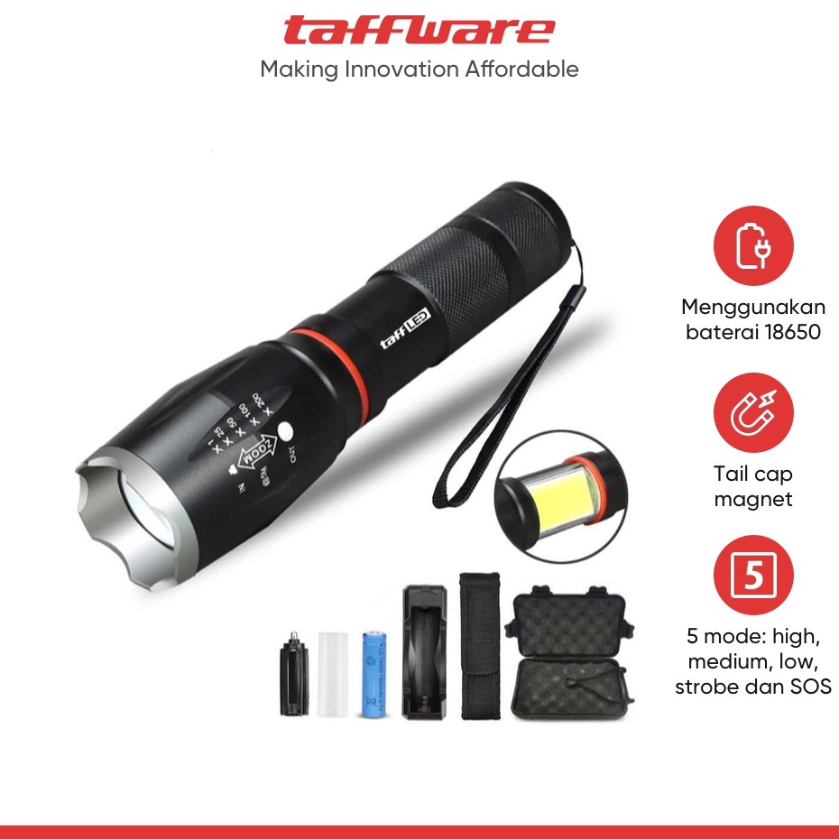 Promo Baru  TaffLED Paket Senter LED Torch Cree XML T6 8 Lumens  Charger  Box  E17 COB