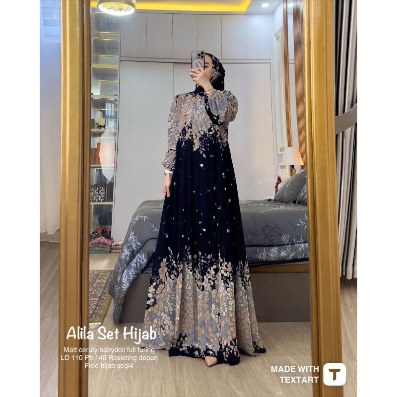 Alila Set Hijab Ld 110/Alila set hijab jumbo Ld 120/Gamis ceruty set hijab motif bunga