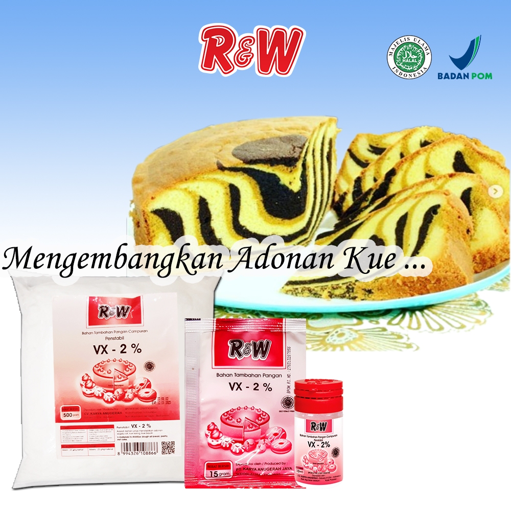 

Pengembang Kue VX 2% - Rajawali R&W RW 10 gram Kegunaan : untuk mengembangkan adonan segala roti, kue kering, kue basah, atau segala bahan pengempuk