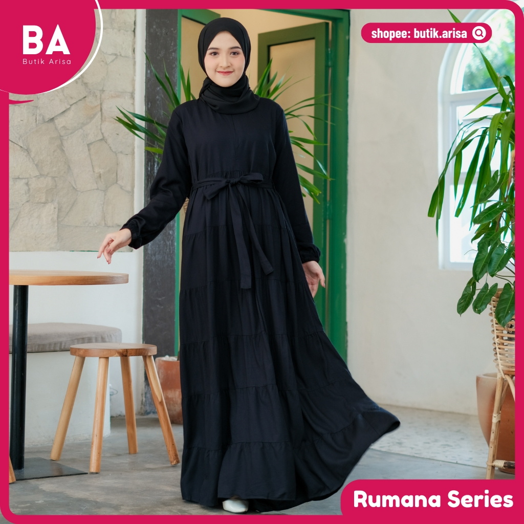 Rumana Dress Gamis Hitam Polos Remaja Wanita Anak Perempuan Kekinian Bahan Twil Jatuh Twiil Katun Tw