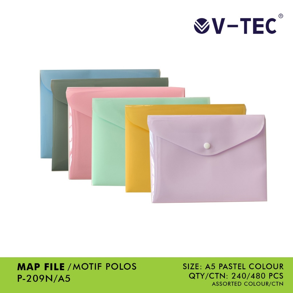 

MAP FILE V-TEC P-209N SIZE A5 / BAHAN PLASTIK UKURAN A5 KANCING WARNA PASTEL POLOS LUCU ATK ALAT TULIS KANTOR SEKOLAH KULIAH KAMPUS STATIONERY MURAH ORGANIZER / M21 STATIONERY JOGJA