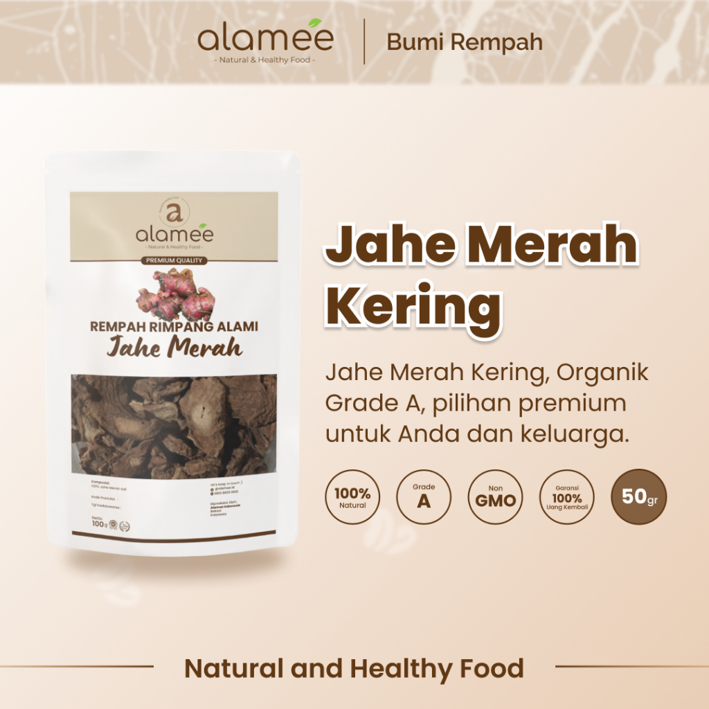 

ALAMEE Jahe Merah Kering Iris Dried Ginger Rempah Rimpang Organik Alami Bumbu Masakan Masak 50g