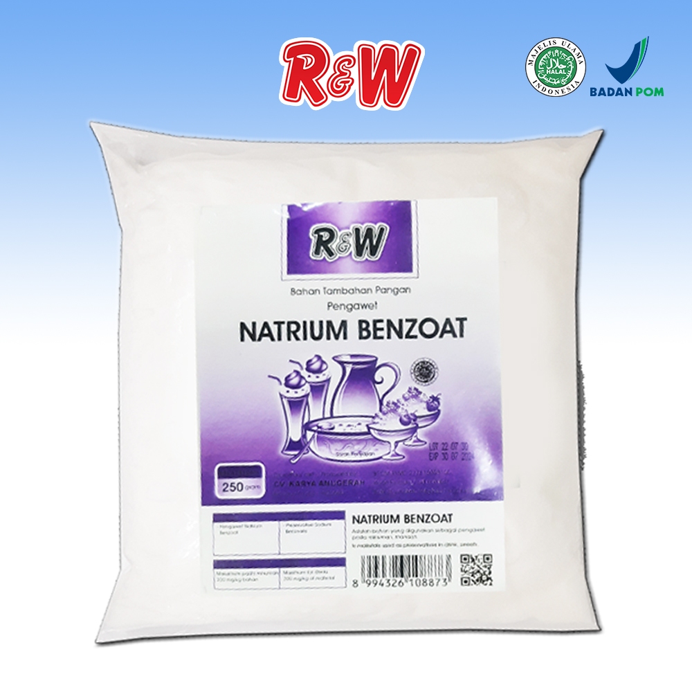 

Natrium Benzoat Ukuran 250gram Pengawet Makanan Minuman Rajawali R&W RW Halal MUI