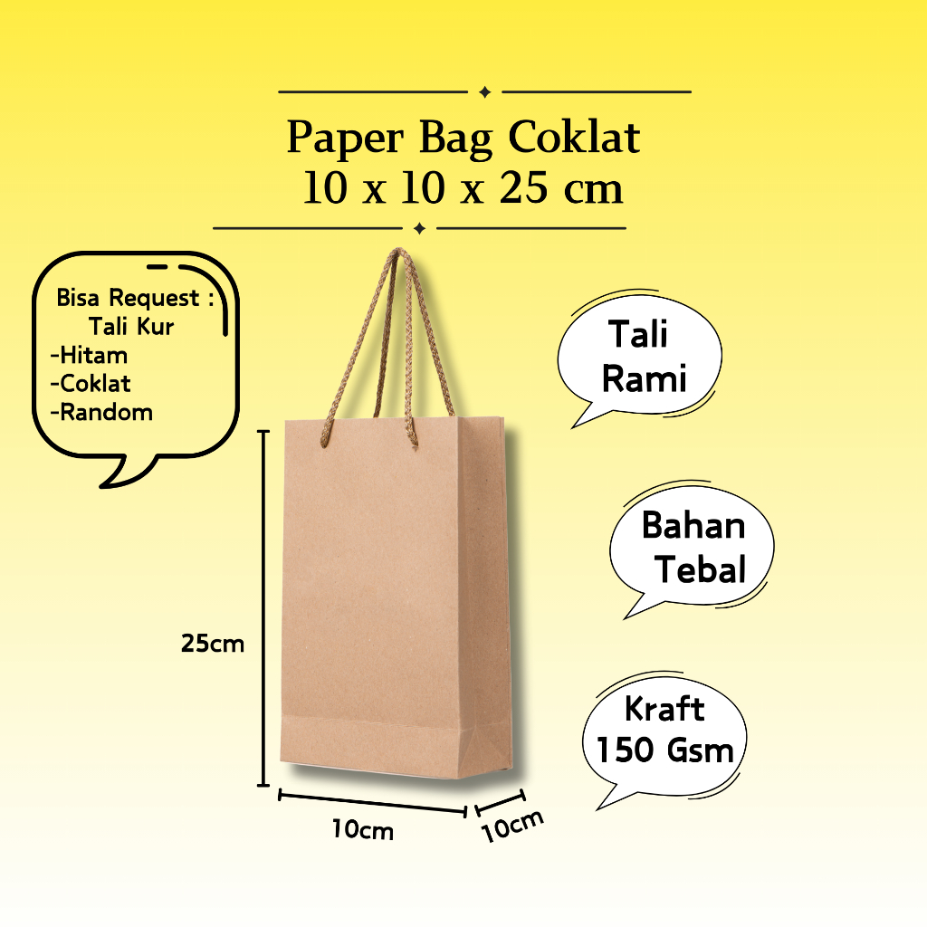 

10 x 10 x 25 cm - Paper Bag Kertas Coklat Polos Kraft Tebal / Tas Kado Souvenir Pernikahan Wedding