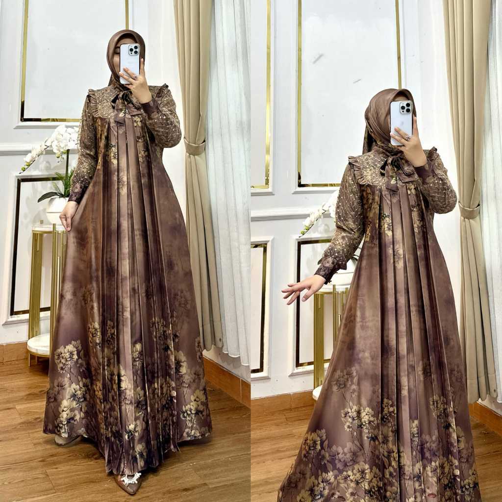 Gamis Set Hijab Armani Silk Kombinasi Burkat Tile // Gamis Lebaran Mewah 2025 // Gamis Kekinian Terb