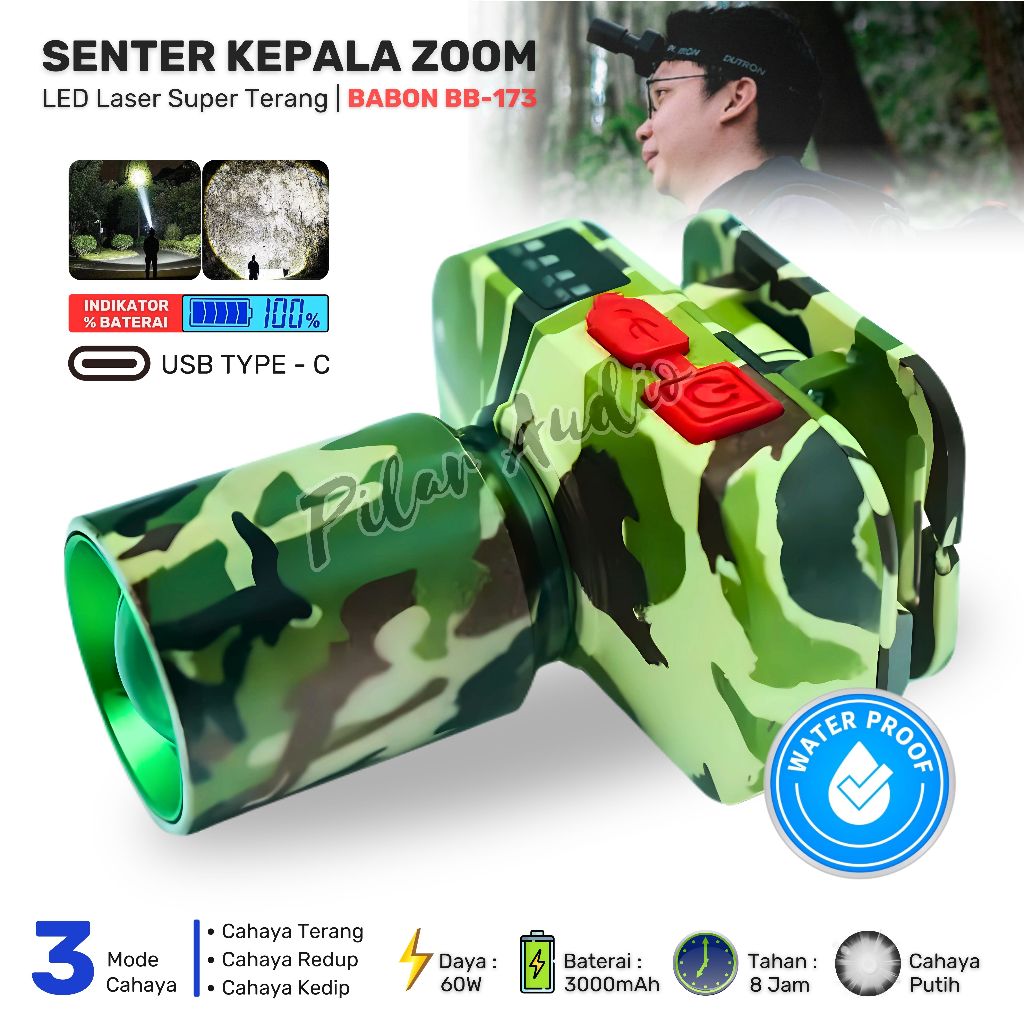 Senter Kepala Zoom Babon BB-173 Body Loreng | Headlamp Led Laser Cahaya Putih Super Terang Baterai C