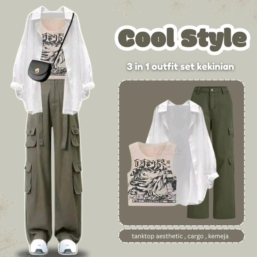 Top Arrival  SLR  Cool Style  Outfit Korean Style Tanktop CreamCargo ArmyKemeja Putih 1 Set Outfit W