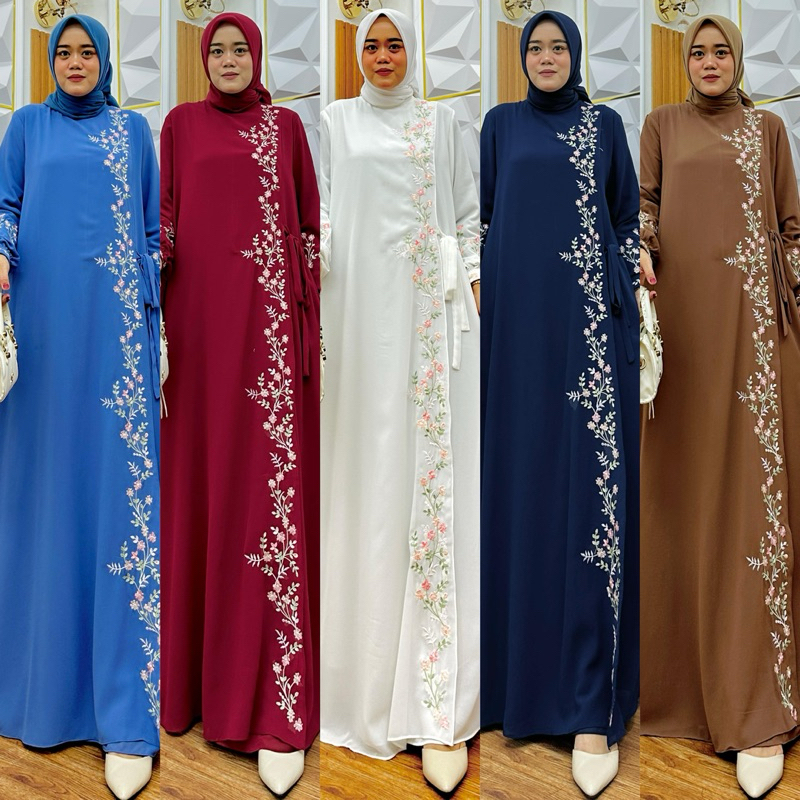 gamis bordir bunga tali samping ceruty baby doll