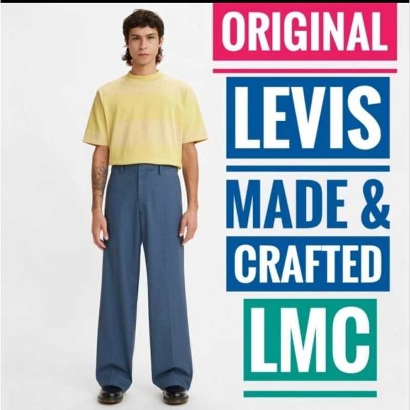 ORIGINAL Levi" s Made and Crafted LMC Baggy Pleated Trousers Loose Flare Biru Chino Pants Casual For
