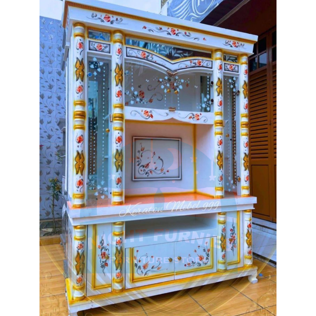 Bufet Pajangan Crystal Kristal Wush / Pajangan Tv Kaca / Lemari Tv Kristal 4 Pintu Rata Rumah