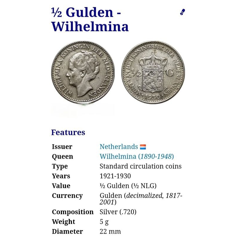 koin perak 1/2 gulden wilhelmina