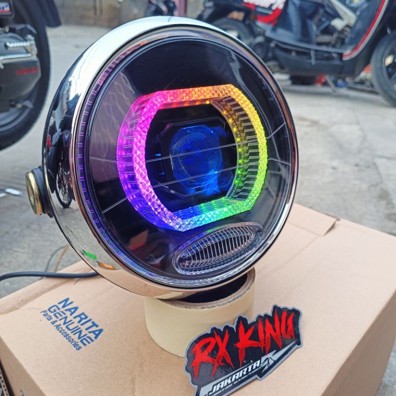 LAMPU DEPAN BILED RXKING NEW BULAT SCORPIO VIXION OLD SET REFLEKTOR RGB CRISTAL 55WATT