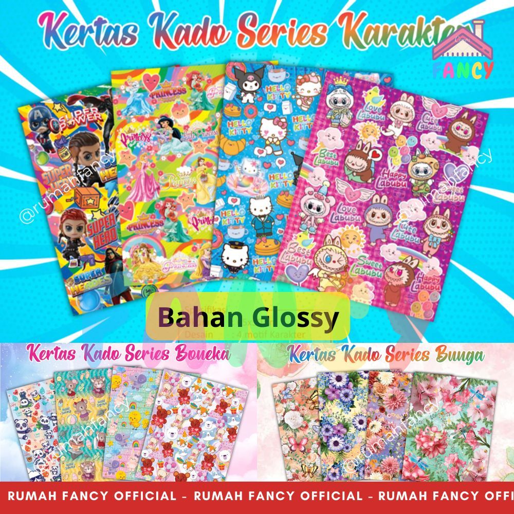 

[FREE BUBBLE WRAP] 50 Lembar Kertas Kado SQUEEZY BAHAN GLOSSY LICIN Aneka Motif Karakter (65x50/70 gsm)