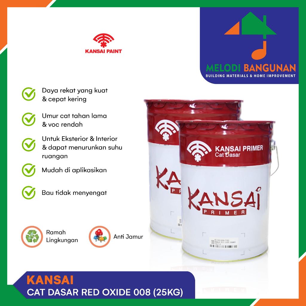 

Kansai - Cat Dasar Meni Besi + Anti Karat Red Oxide Primer 008 Pail 25Kg
