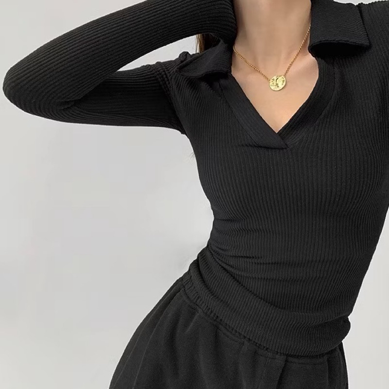 Kaos Crop Top Wanita Lengan Panjang Leher V-Neck Long Sleeve