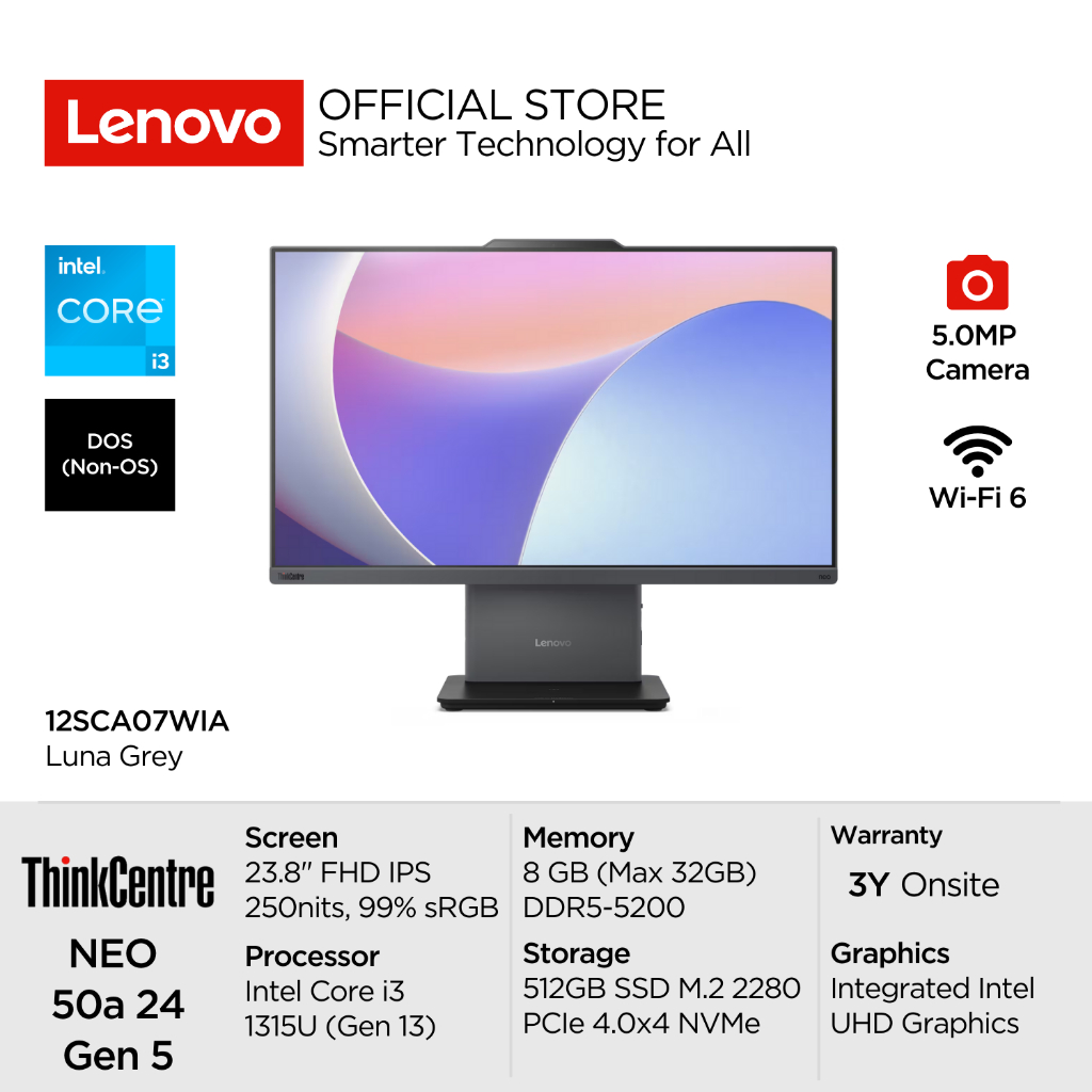 Lenovo PC AIO ThinkCentre Neo 50a 24 Gen 5 7WIA Intel Core i3 1315U DOS 8GB DDR5 512GB SSD PCIe NVMe